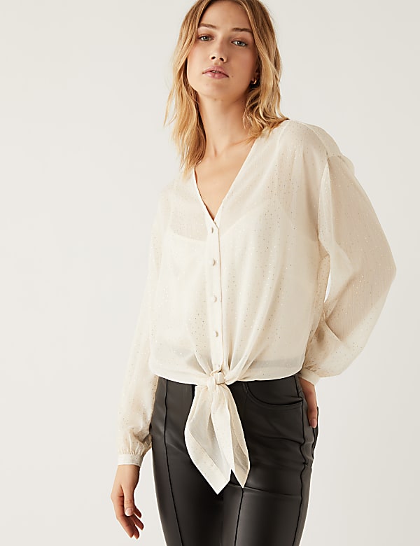 Sparkly Polka Dot V-Neck Tie Front Blouse
