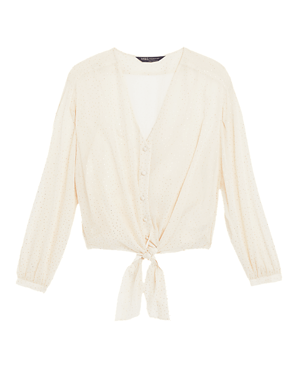 Sparkly Polka Dot V-Neck Tie Front Blouse