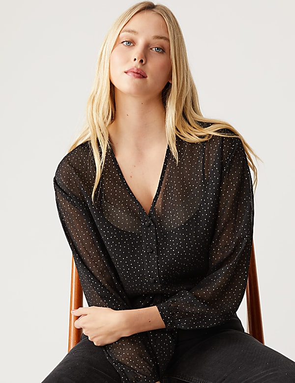 Sparkly Polka Dot V-Neck Tie Front Blouse