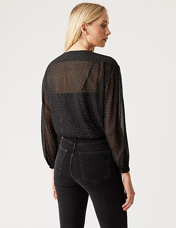 Sparkly Polka Dot V-Neck Tie Front Blouse