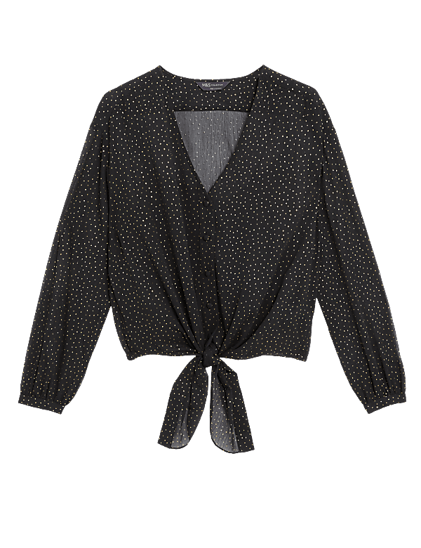 Sparkly Polka Dot V-Neck Tie Front Blouse