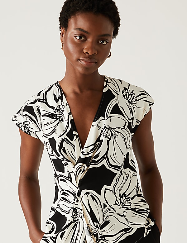 Floral V-Neck Knot Front Blouse