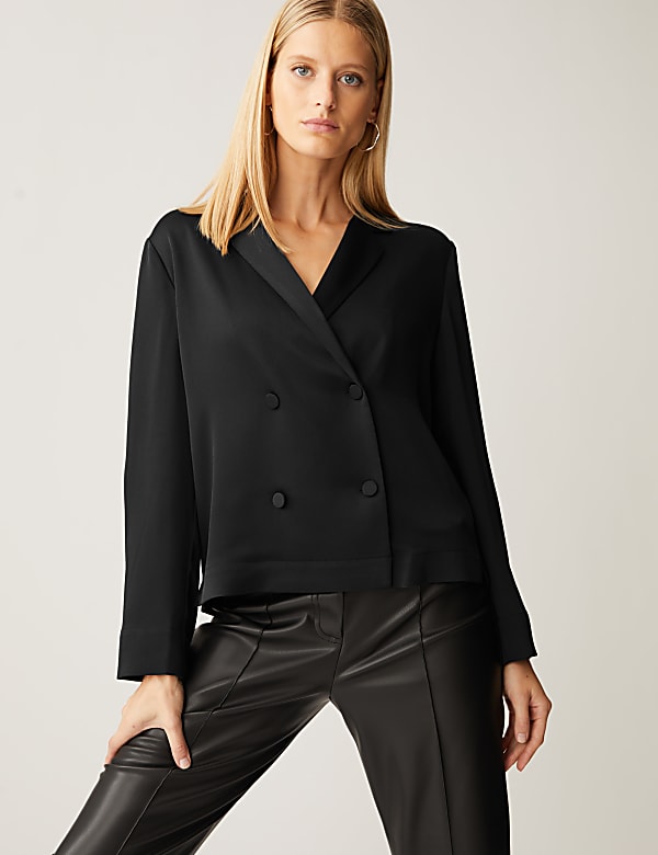 Satin Collared V-Neck Button Detail Blouse