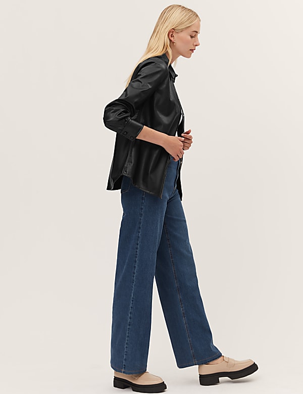 Faux Leather Collared Long Sleeve Shirt