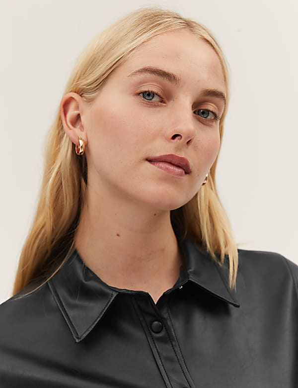 Faux Leather Collared Long Sleeve Shirt