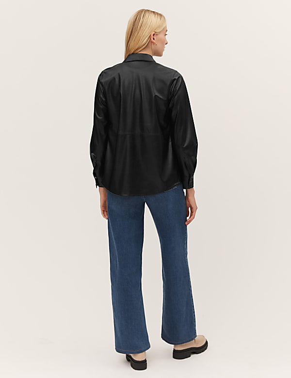 Faux Leather Collared Long Sleeve Shirt