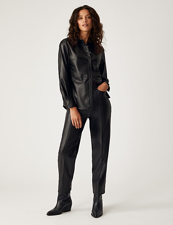 Faux Leather Collared Long Sleeve Shirt