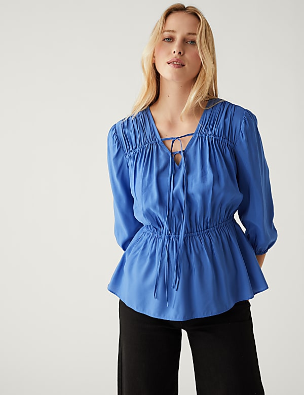 Pleated Tie Neck Waisted Blouse - NZ