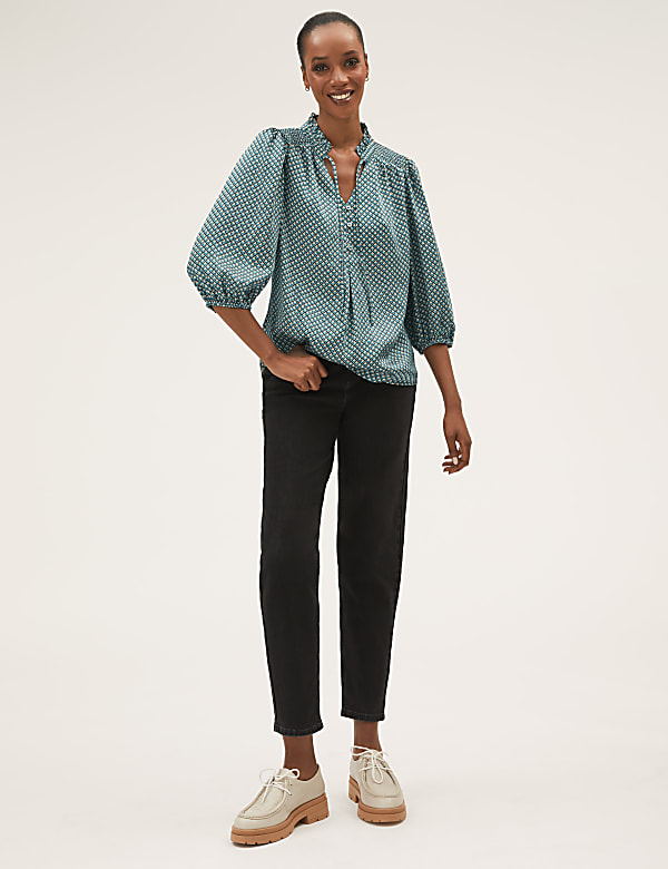 Geometric Tie Neck 3/4 Sleeve Blouse