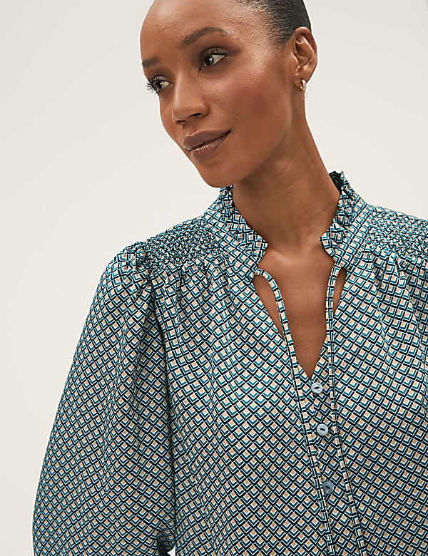 Geometric Tie Neck 3/4 Sleeve Blouse