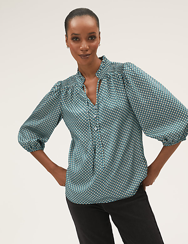 Geometric Tie Neck 3/4 Sleeve Blouse