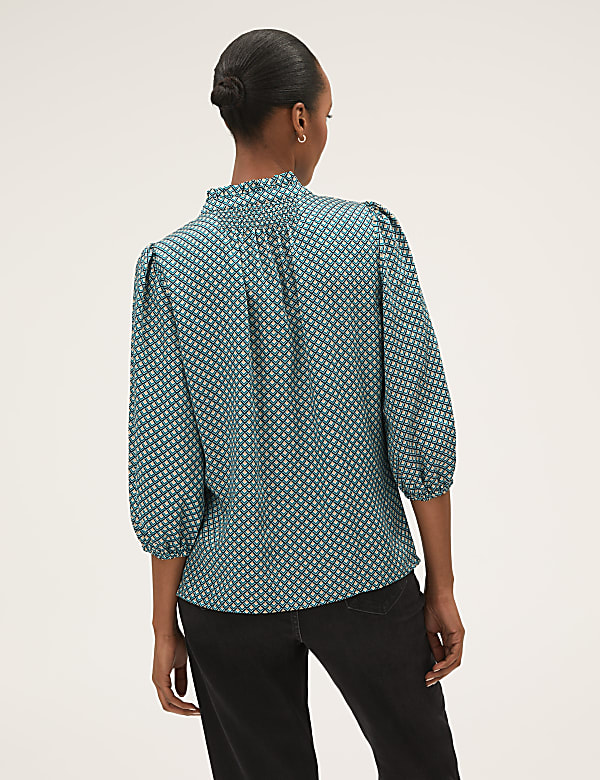 Geometric Tie Neck 3/4 Sleeve Blouse