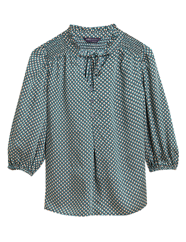 Geometric Tie Neck 3/4 Sleeve Blouse