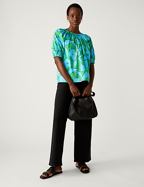 Pure Cotton Printed Blouson Sleeve Blouse