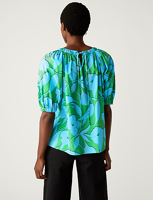 Pure Cotton Printed Blouson Sleeve Blouse