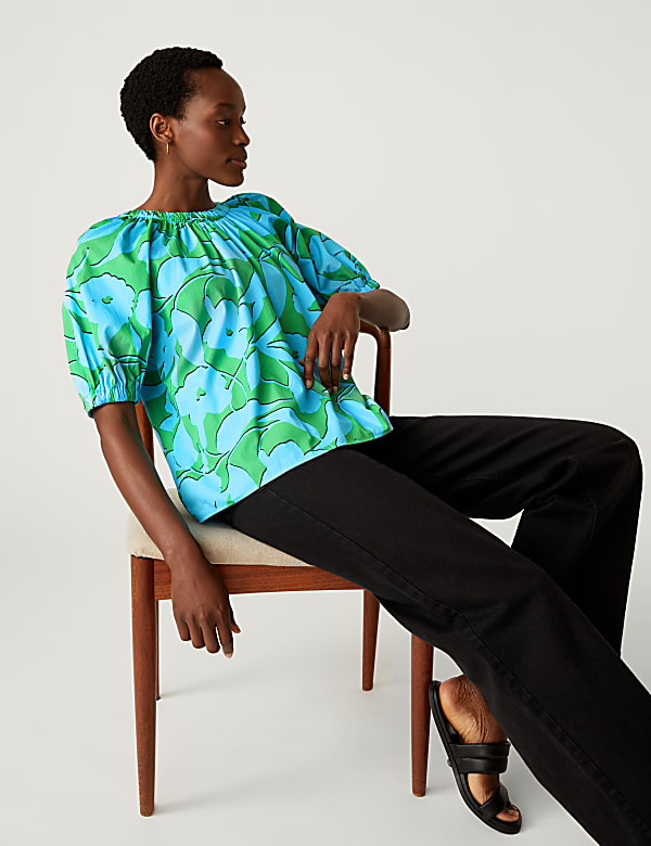 Pure Cotton Printed Blouson Sleeve Blouse