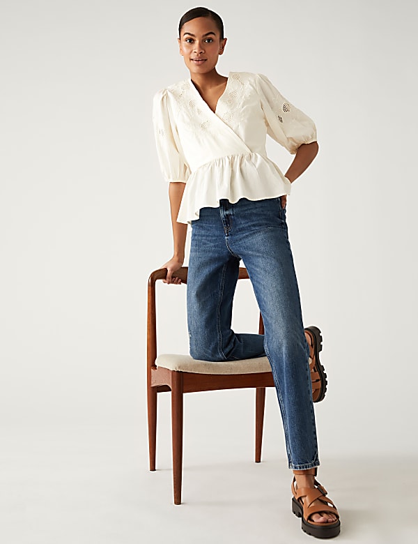 Pure Cotton Embroidered Puff Sleeve Blouse