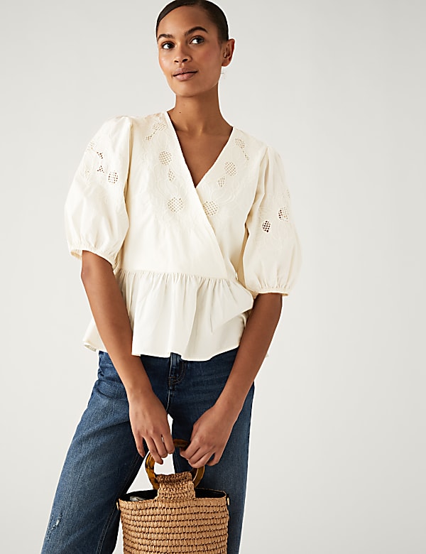 Pure Cotton Embroidered Puff Sleeve Blouse