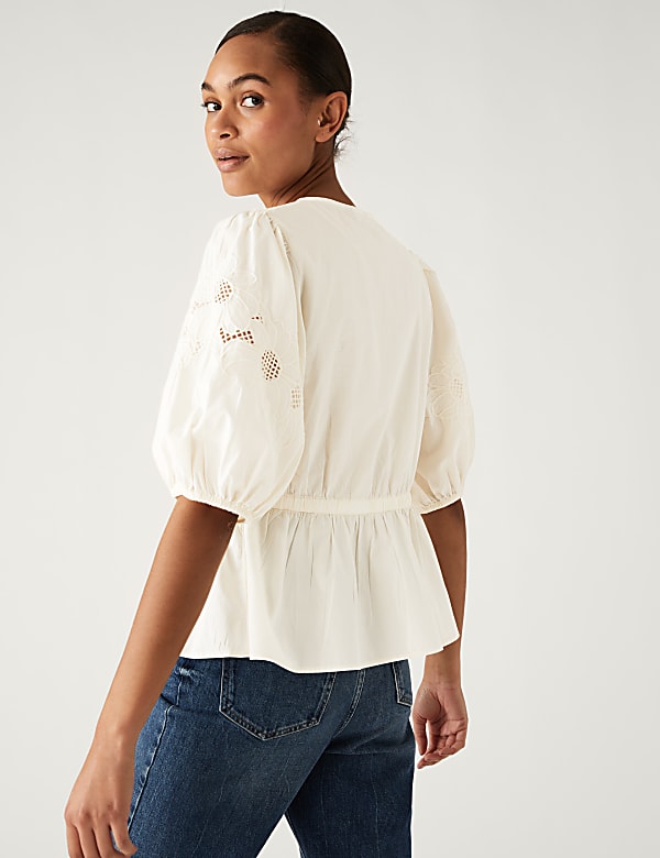 Pure Cotton Embroidered Puff Sleeve Blouse