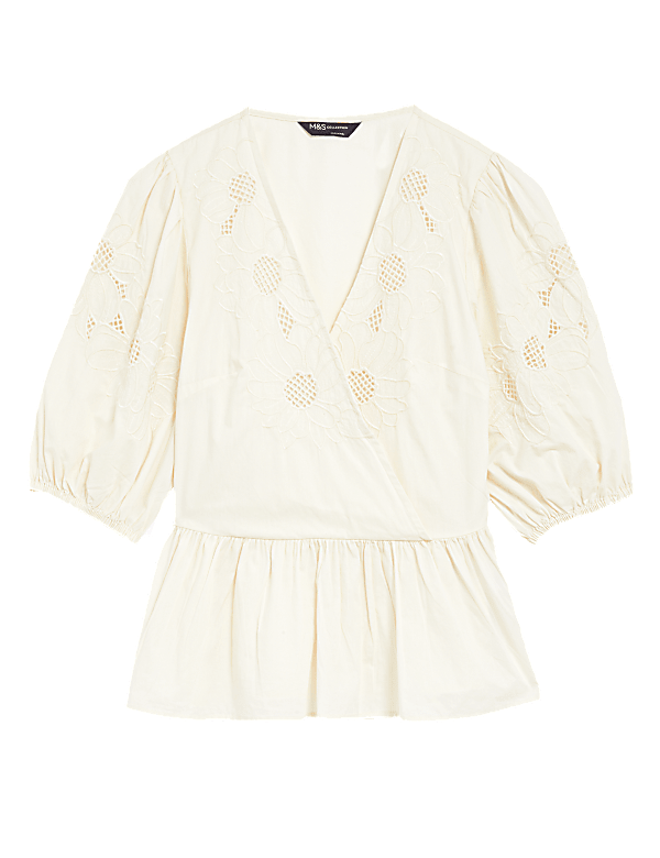 Pure Cotton Embroidered Puff Sleeve Blouse