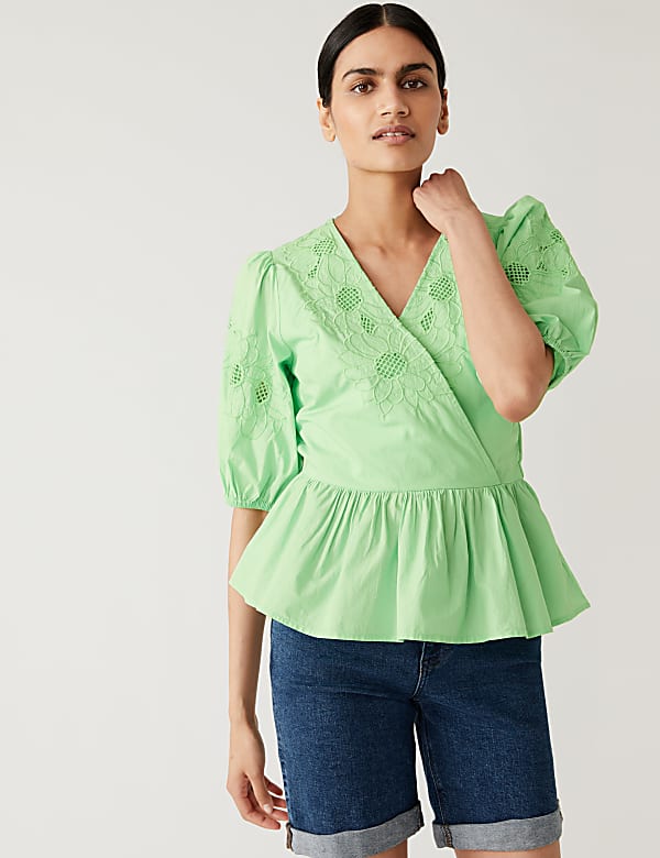 Pure Cotton Embroidered Puff Sleeve Blouse