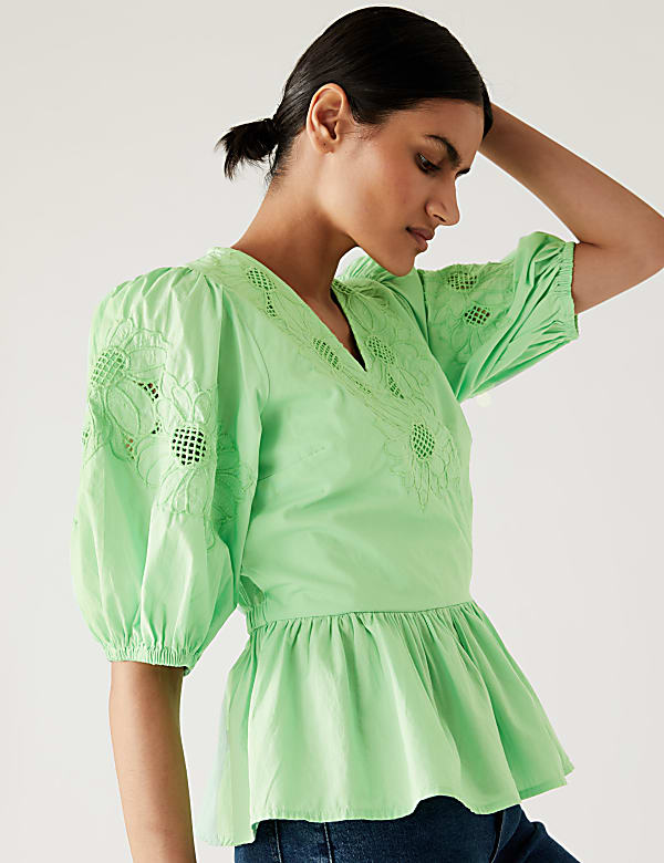 Pure Cotton Embroidered Puff Sleeve Blouse