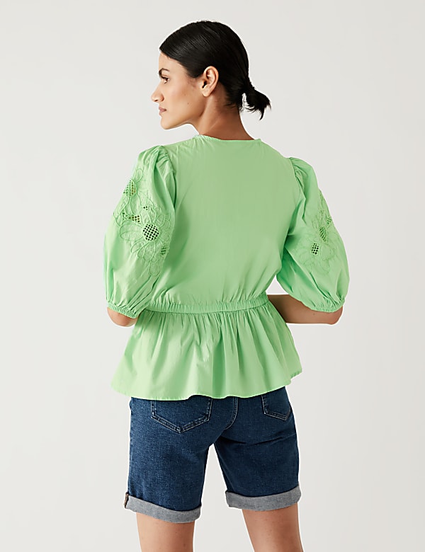 Pure Cotton Embroidered Puff Sleeve Blouse
