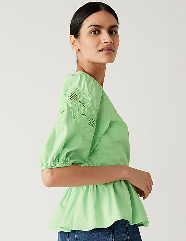 Pure Cotton Embroidered Puff Sleeve Blouse