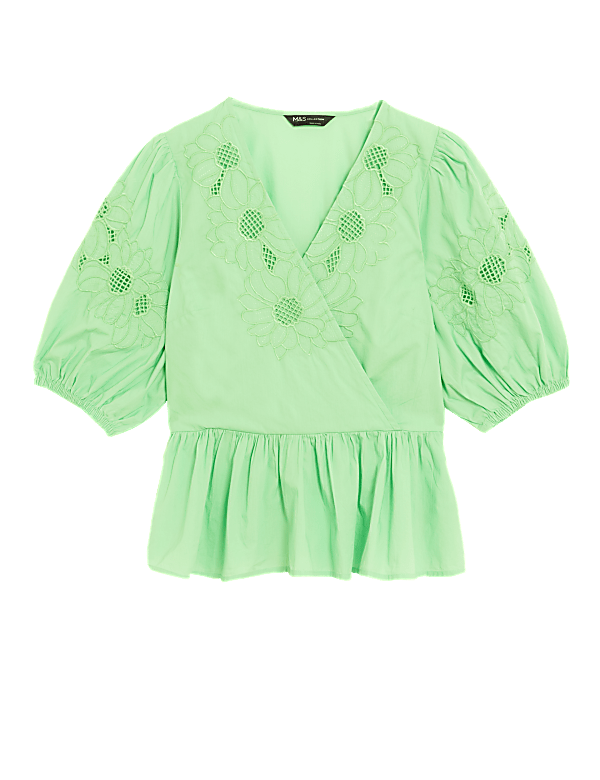 Pure Cotton Embroidered Puff Sleeve Blouse