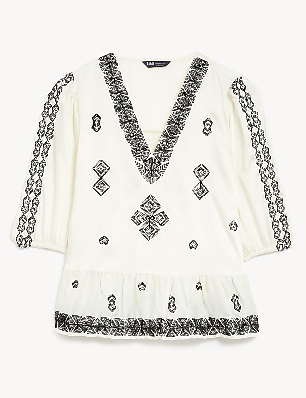 Satin Embroidered V-Neck Blouse - NO