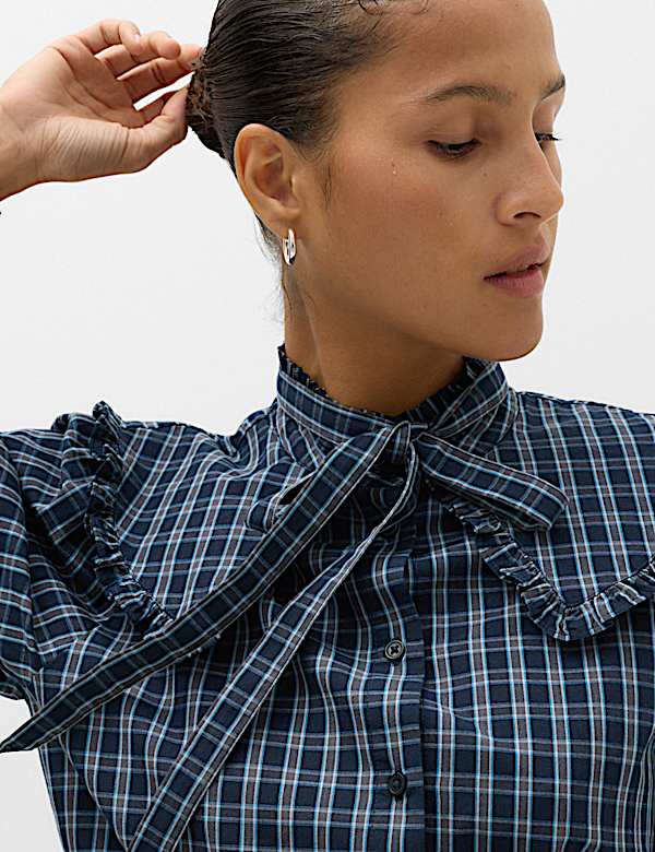 Pure Cotton Checked Tie Neck Shirt