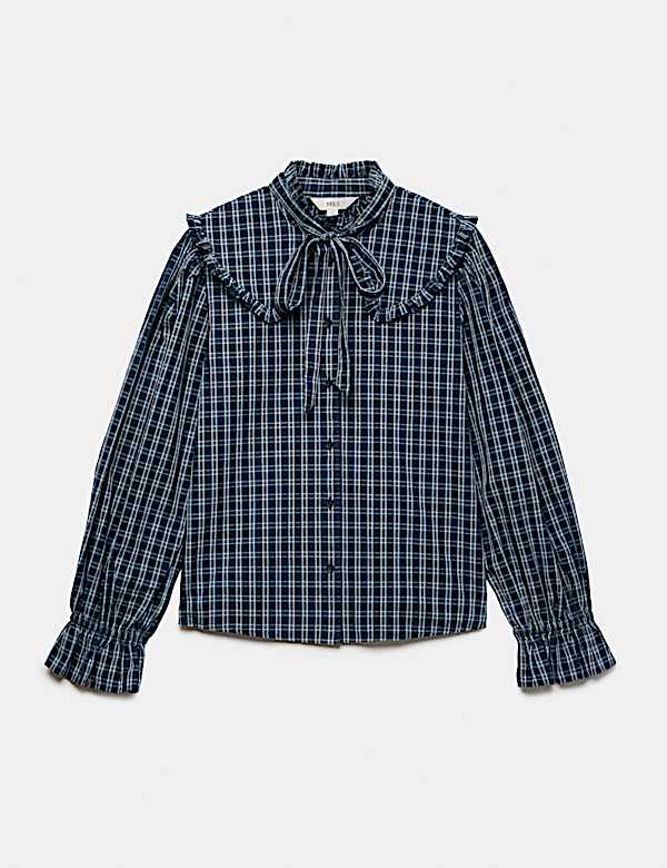 Pure Cotton Checked Tie Neck Shirt - UA