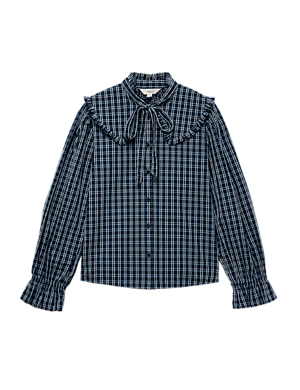 Pure Cotton Checked Tie Neck Shirt