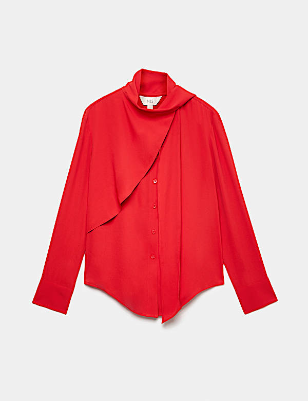 Draped Scarf Neck Button Through Shirt - NZ