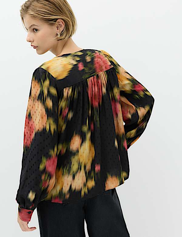 Printed Jacquard V-Neck Button Through Blouse - US