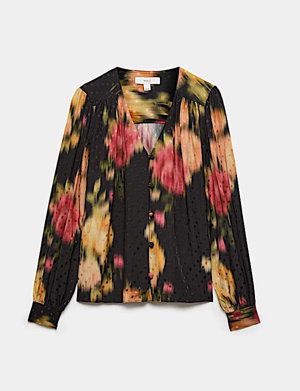 Printed Jacquard V-Neck Button Through Blouse - US
