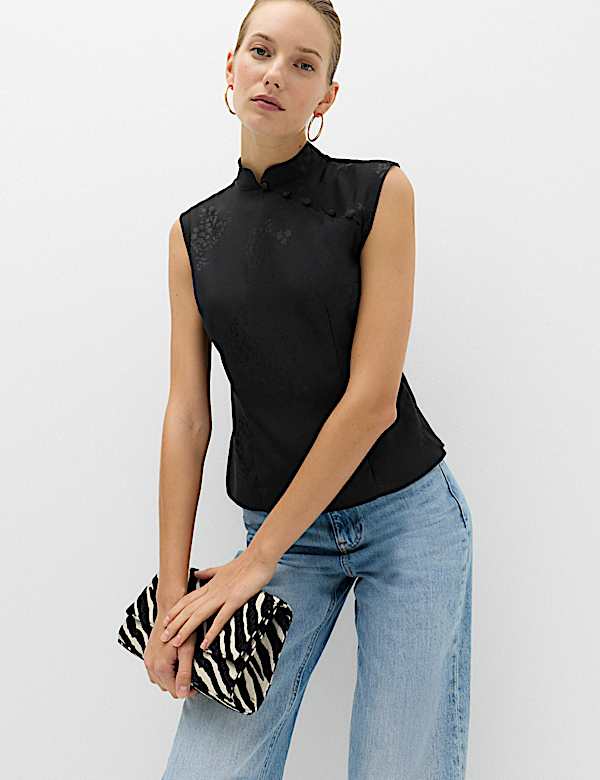 Satin Jacquard High Neck Mandarin Detail Top - MV