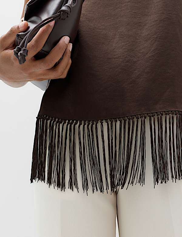 Satin Cowl Neck Fringe Detail Cami Top - JO