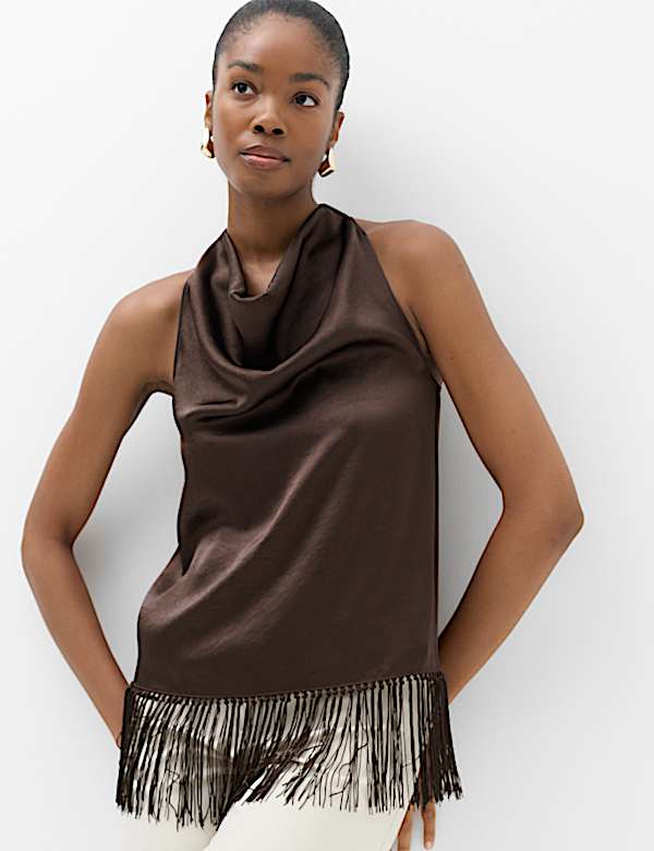 Satin Cowl Neck Fringe Detail Cami Top - JO