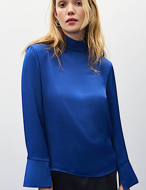 Satin High Neck Padded Shoulder Top - NZ