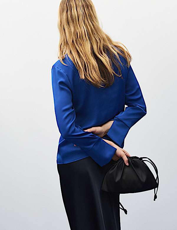 Satin High Neck Padded Shoulder Top - NZ