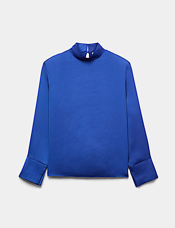 Satin High Neck Padded Shoulder Top - NZ