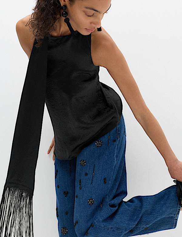 Satin Halter Neck Scarf Detail Top - JO