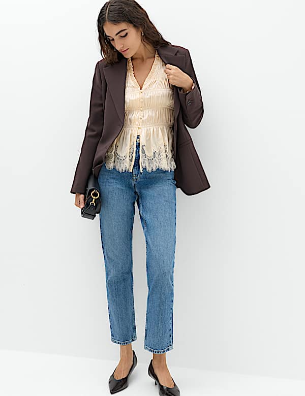 Satin Lace V Neck Shirred Top - JP