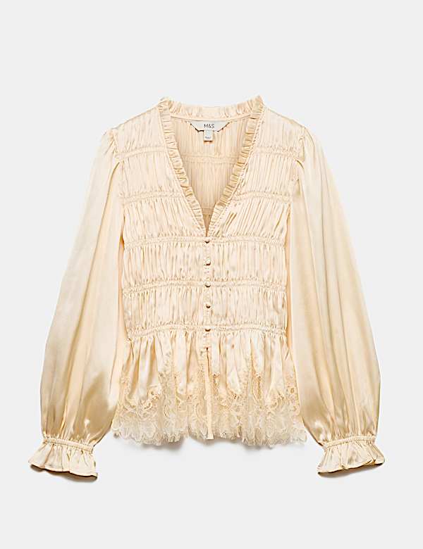 Satin Lace V Neck Shirred Top - JP