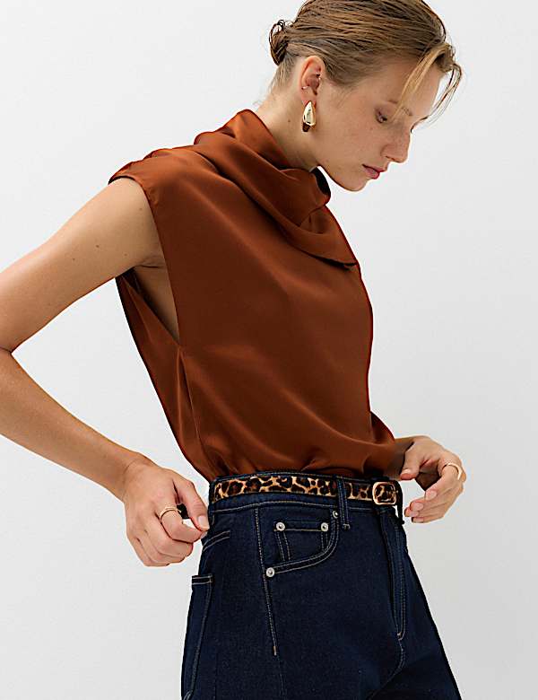 Satin High Neck Scarf Detail Top - BN