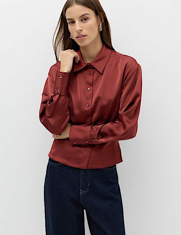 Satin Collared Button Through Waisted Shirt - CH