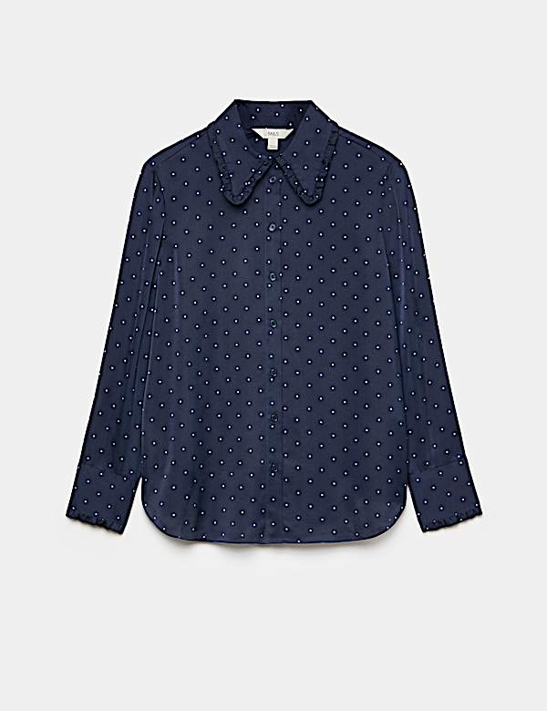 Satin Polka Dot Collared Frill Detail Shirt - AU