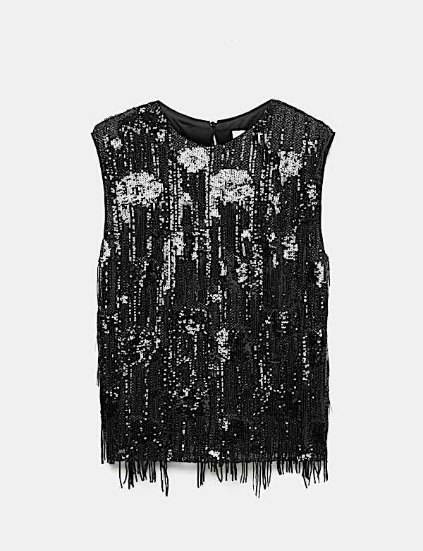 Sequin Round Neck Fringe Detail Shell Top - MX