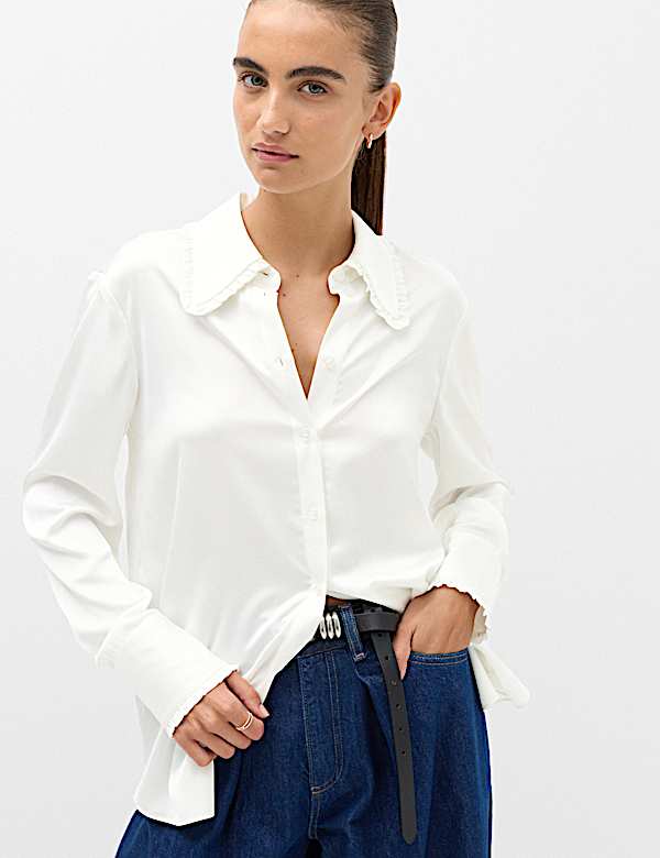 Satin Collared Frill Detail Shirt - JE